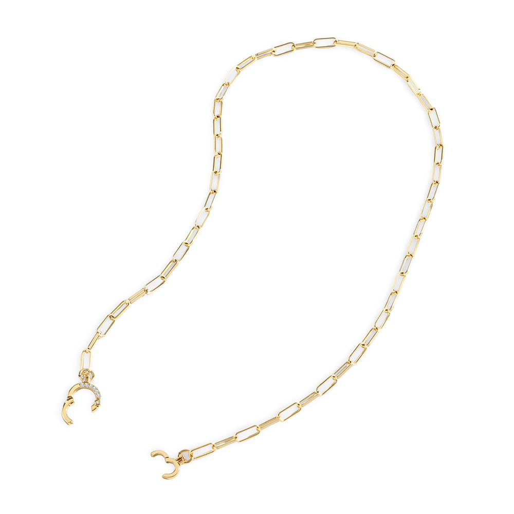 Gold chain necklace with a unique clasp on a white background