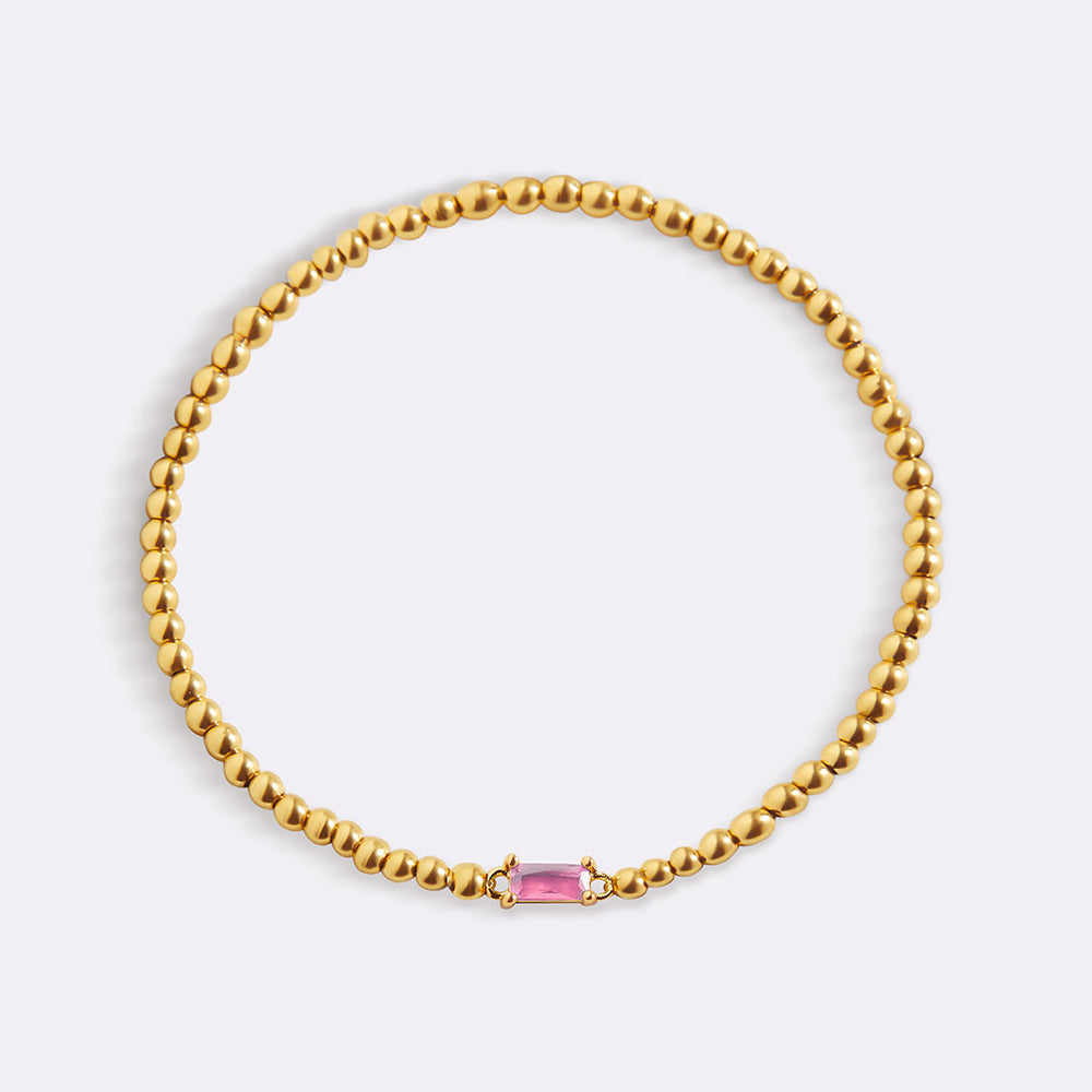 Gold Beaded Birthstone Bracelet - October Pink Tourmaline / 6.5"