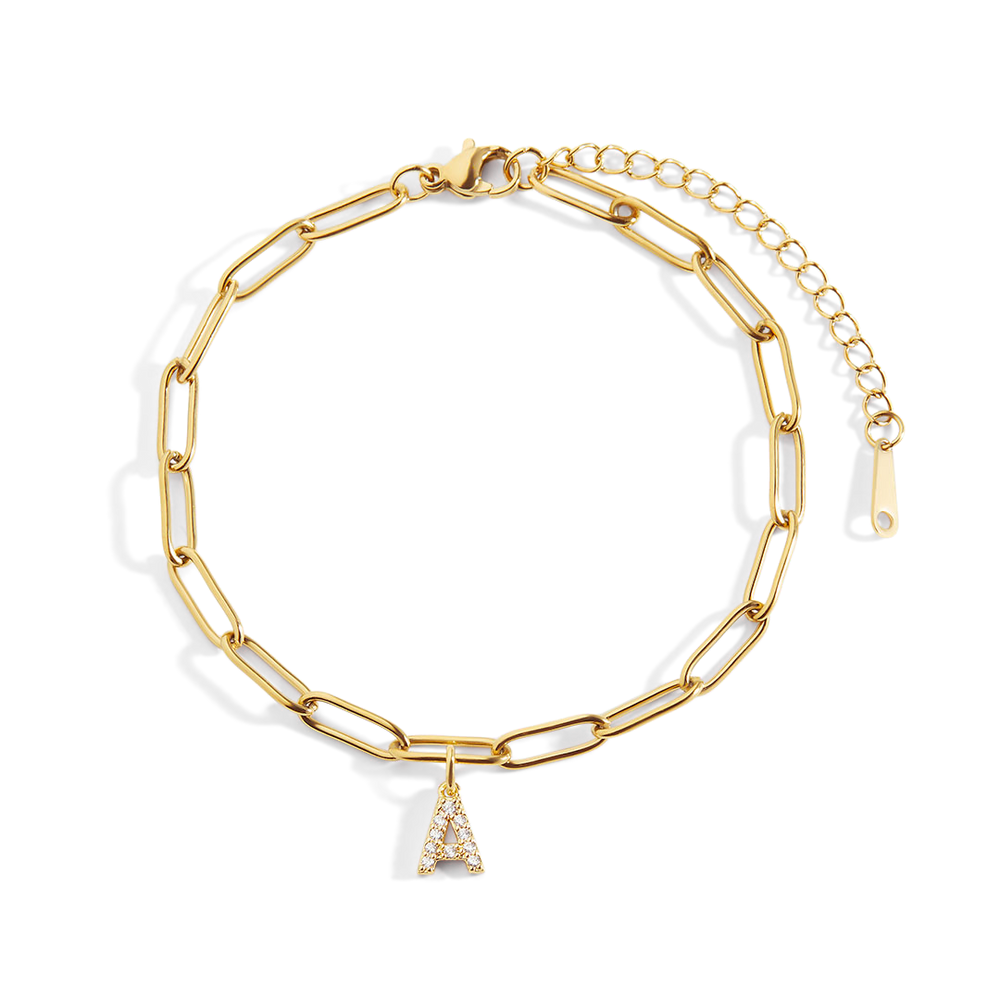 Paperclip Pave Initial Bracelet - A / 7.5" + 2"