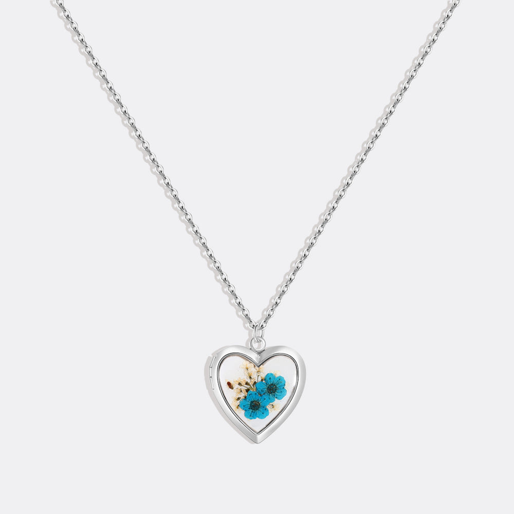 Handmade Pressed Flower Photo Heart Locket - Silver / Blue Forget-Me-Not