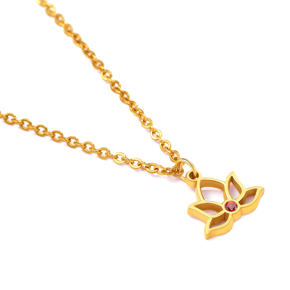 Mini Lotus Birthstone Pendant Necklace - 18k Gold Plated / January Garnet
