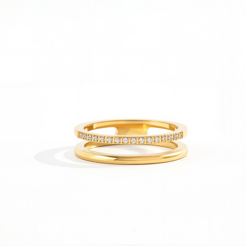 Gold-tone stainless steel double-band pave ring on a white background