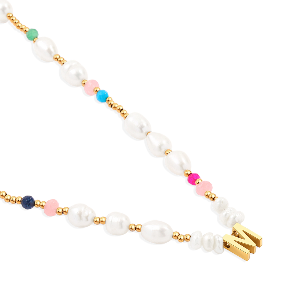 Gemstone and Pearl Initial Necklace - A