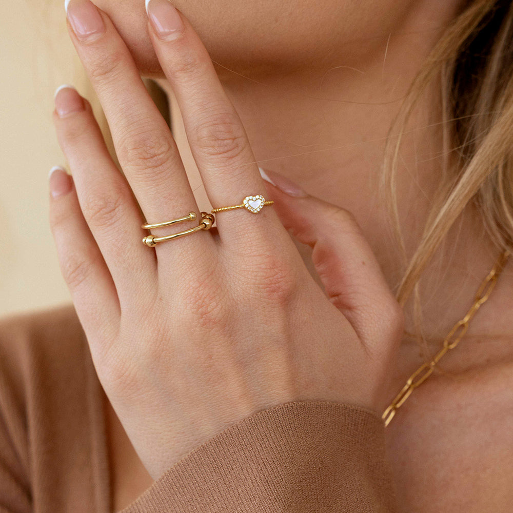 Tiny Gemstone Heart Stacking Ring - White Mother of Pearl / 12