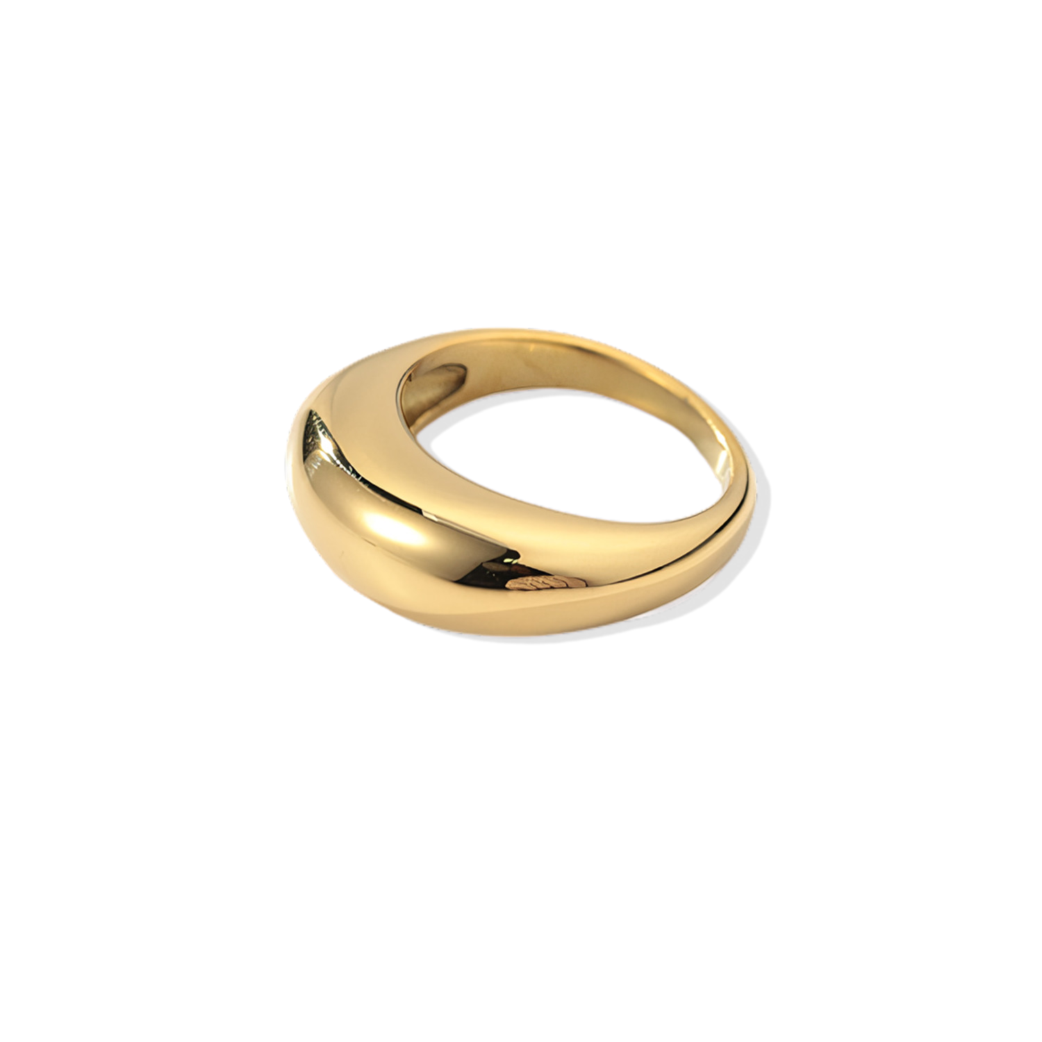 A gold-colored sculptural dome ring on a transparent background