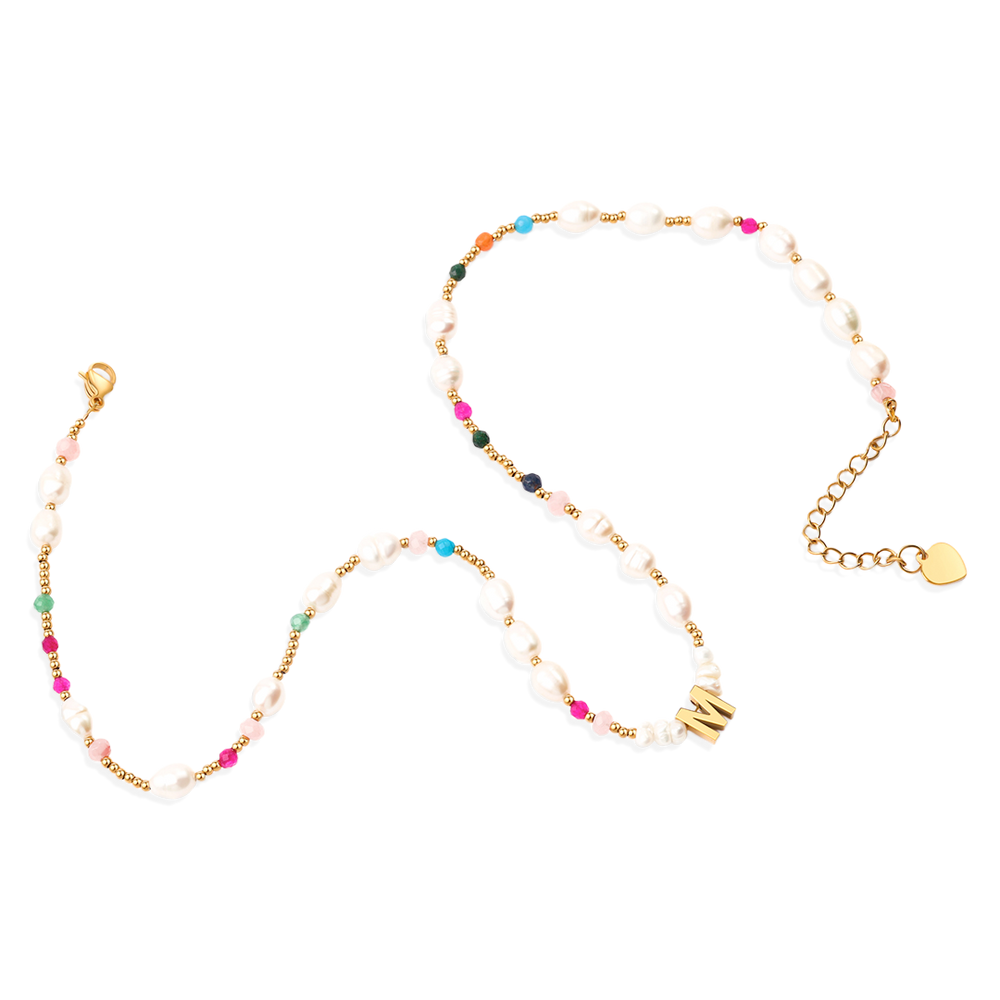 Gemstone and Pearl Initial Necklace - A