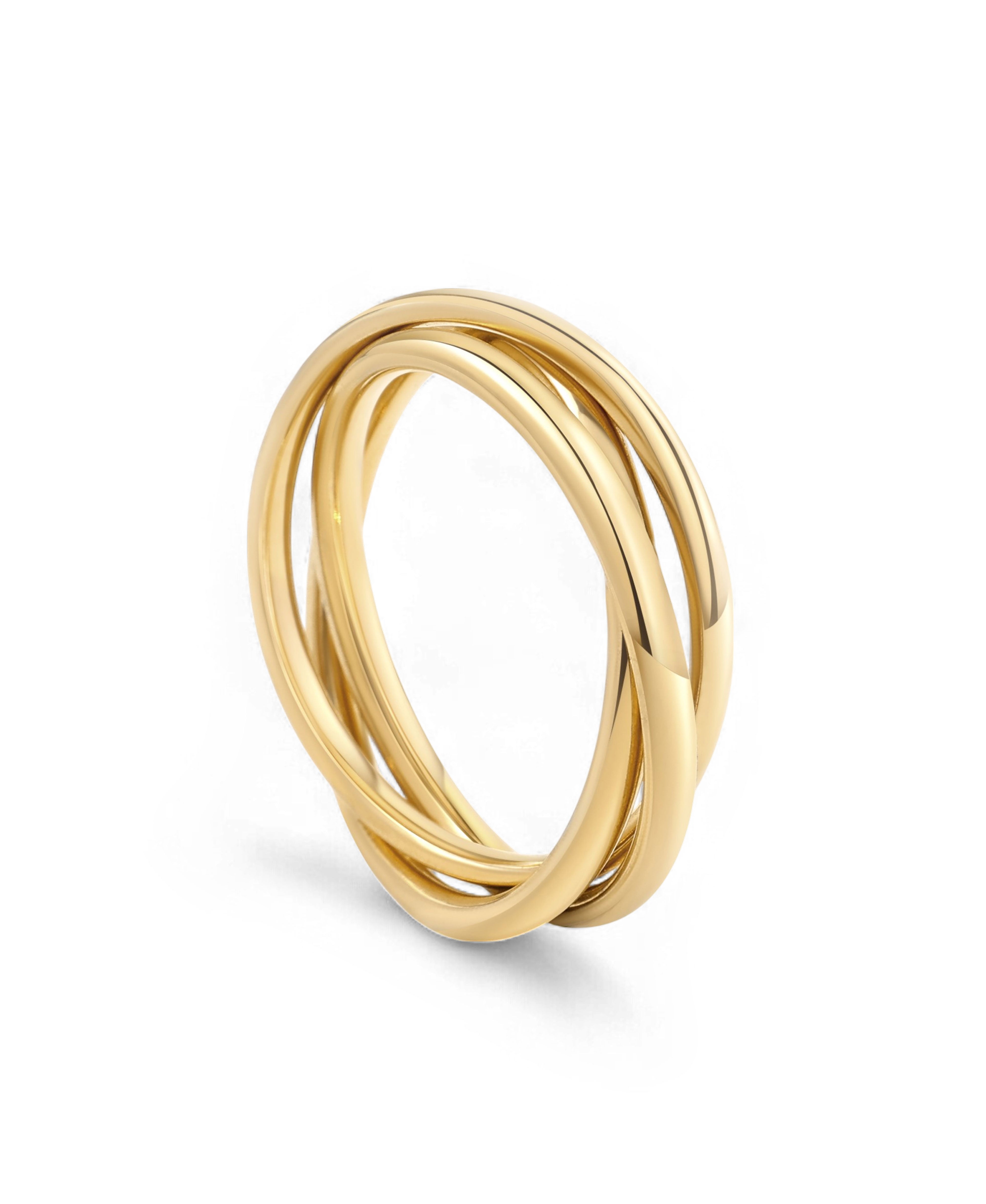 A gold-colored interlocking fidget ring on a white background.