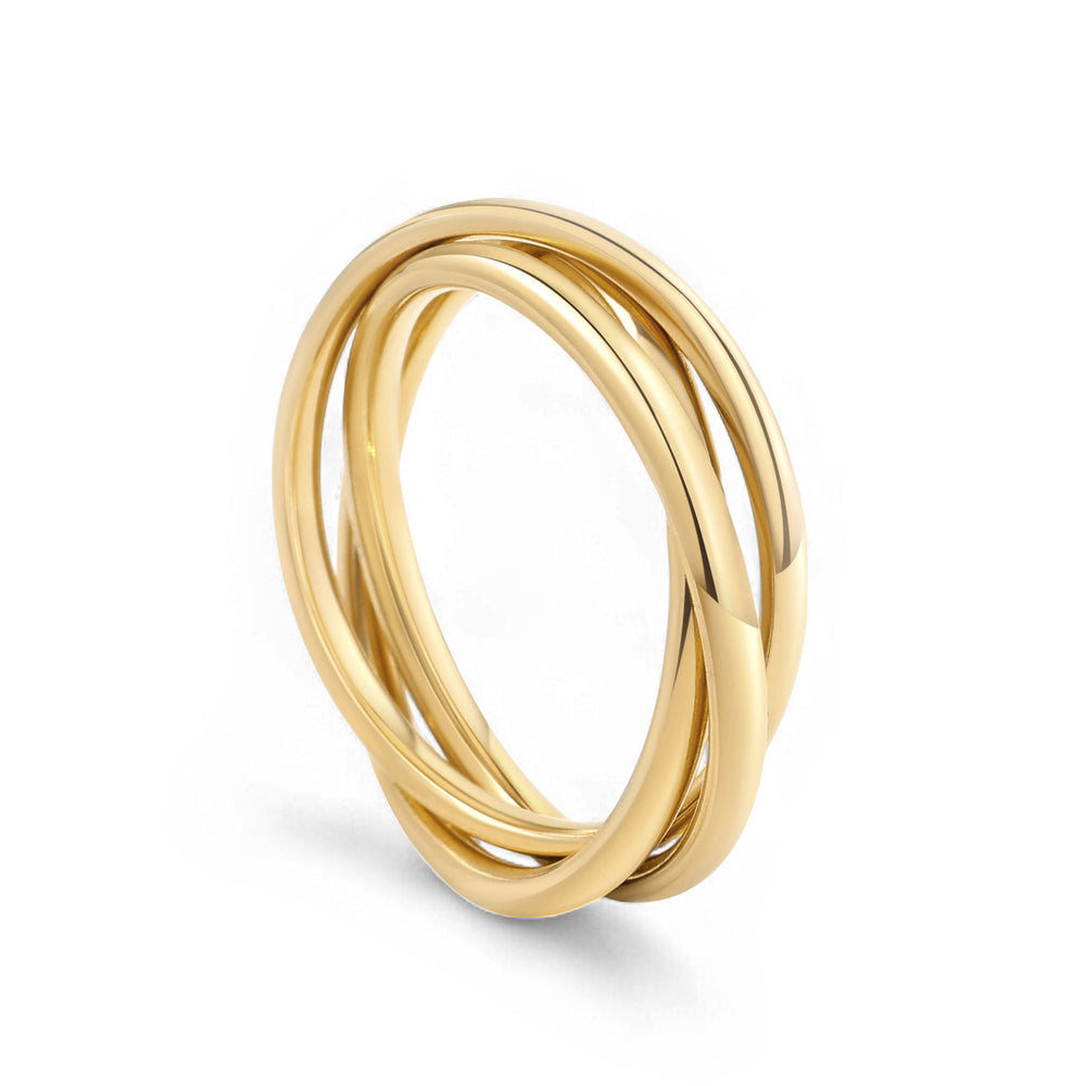 A gold-colored interlocking fidget ring on a white background.