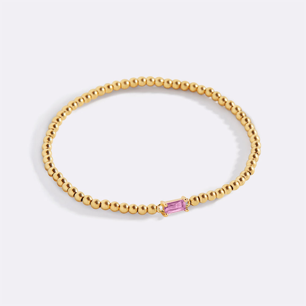 Gold Beaded Birthstone Bracelet - October Pink Tourmaline / 6.5"