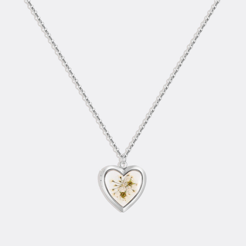 Handmade Pressed Flower Photo Heart Locket - Silver / White Forget-Me-Not