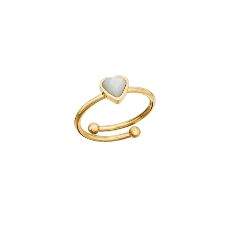 An adjustable gold-colored ring with a heart-shaped stone in the center.