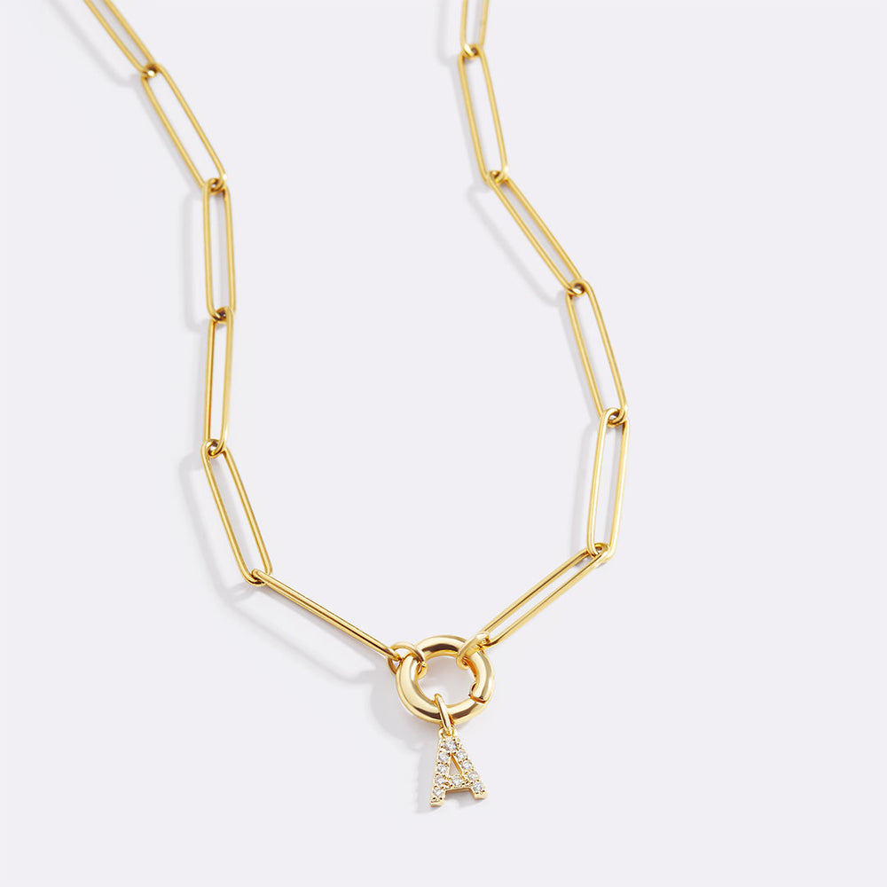 Pave Initial Charm with Charm Clasp Necklace - 18k Gold Plated / A