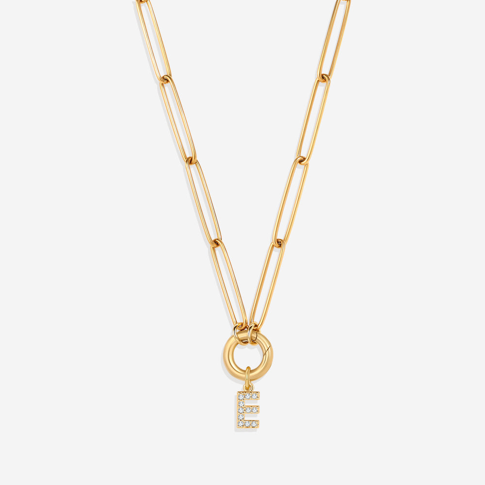 Pave Initial Charm with Charm Clasp Necklace - 18k Gold Plated / E