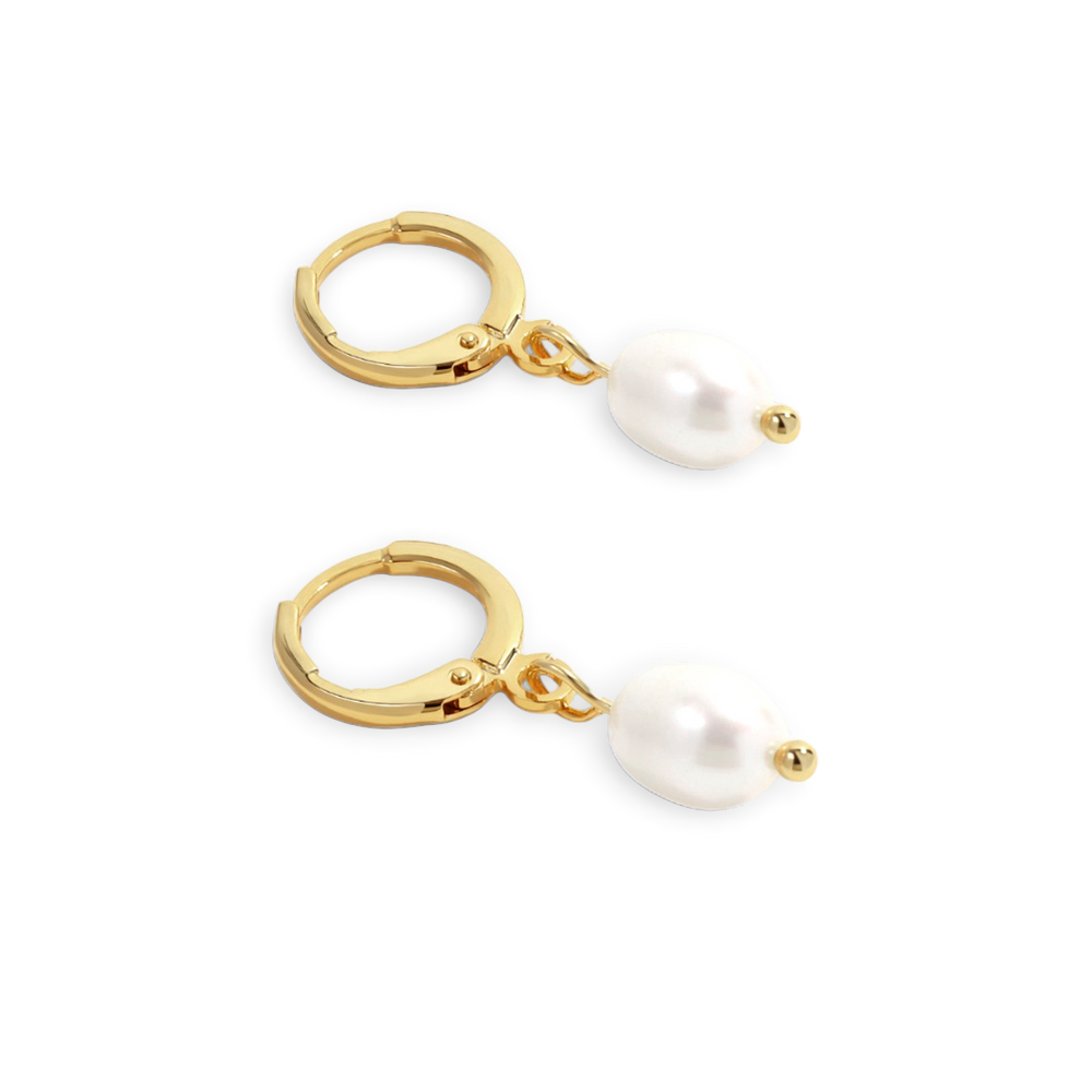 Gold hoop earrings with pearl drops on a light gray background