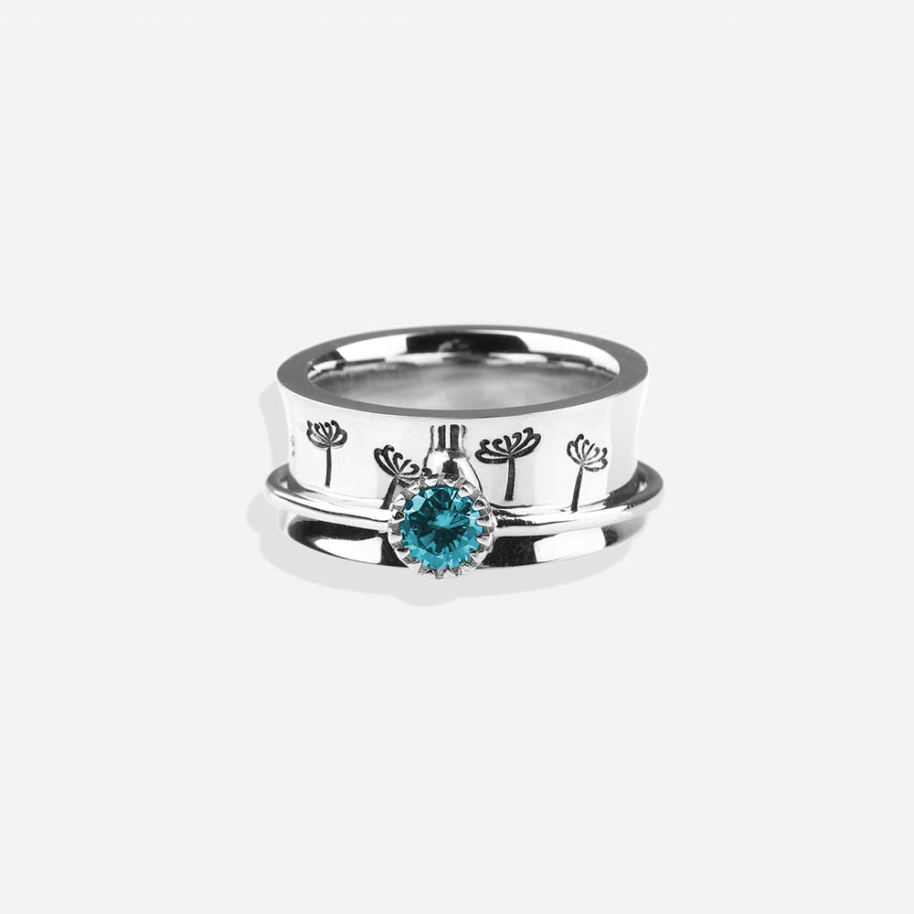 Silver Dandelion Birthstone Spinning Fidget Ring - 7 / March - Aquamarine