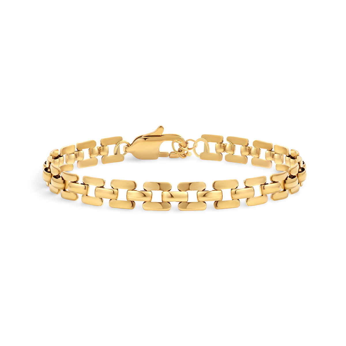 Gold chain bracelet on a light gray background